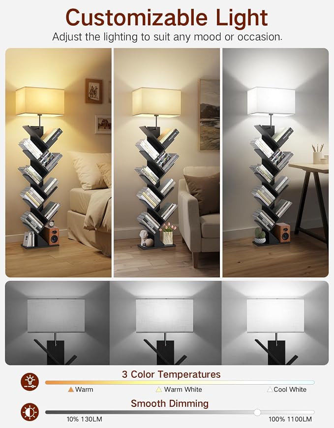 9 Tier Tree Bookshelf with Light, Remote & Timer, Dimmable Tall Floor Book Shelf, Narrow Wood Bookcase, Small Book Organizer Shelves for Living Room, Bedroom, Home Office (Black)