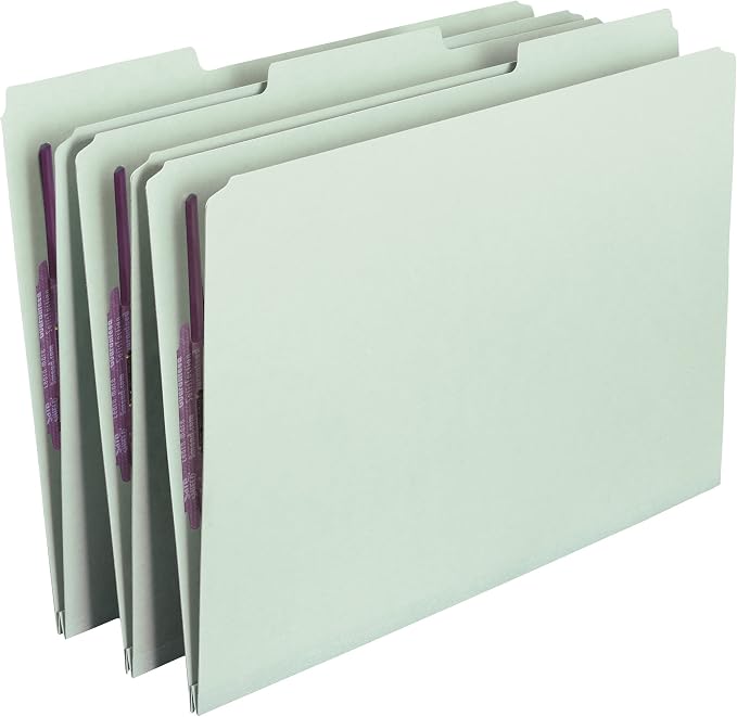 Smead Pressboard Fastener File Folder with SafeSHIELD Fasteners, 2 Fasteners, 1/3-Cut Tab, 1" Expansion, Legal Size, Gray/Green, 25 per Box (19931)