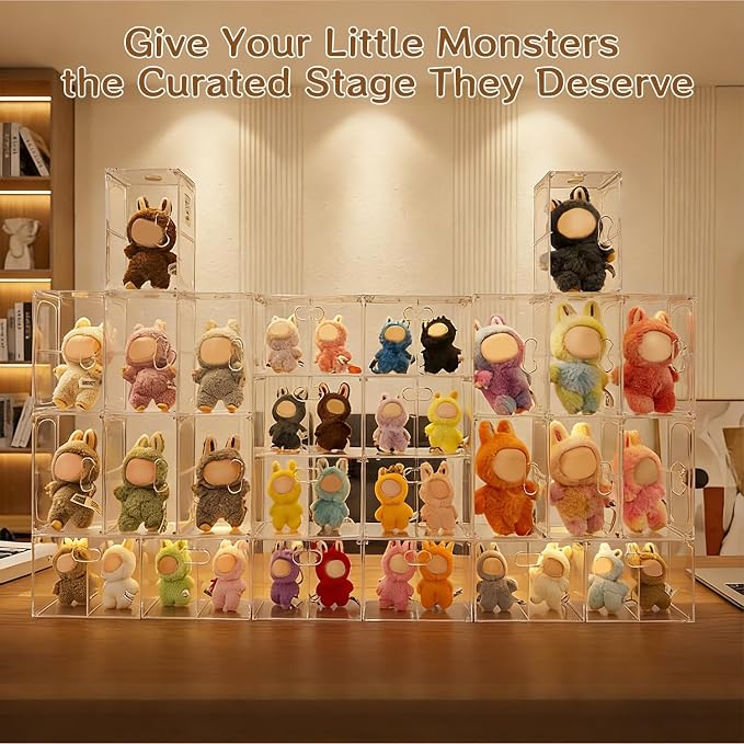 Kuject 8 Pack Clear Display Cases for Collectibles, 2:3 Aspect Ratio Stacking for DIY Display Shelves, Small Figure Display Cases for Labubu with Magnetic Door & Dividers, Dustproof Toy Organizers