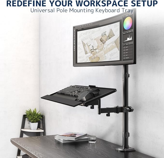 Pole Mount Keyboard Tray - Universal 26 Inch Platform for Keyboard and Mouse, Fits 1.1”–2.4” Poles, Rotation & Tilt Ergonomic Steel Mount Platform with Cable Management, Black