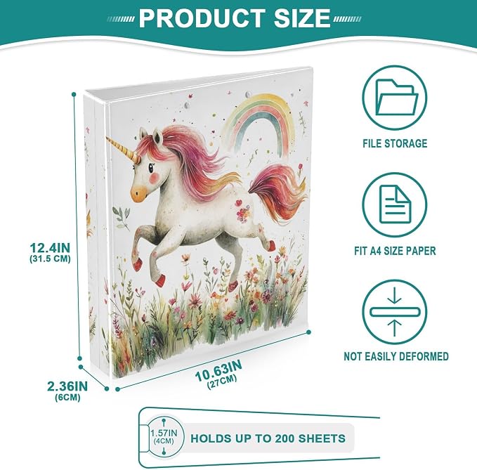 Caikeny 3 Ring Binder Cute Unicorn Watercoloe Rainbow Flower 1.5 Inch Binders Round Ring Clipboard with 2 Pockets for Office Supplies