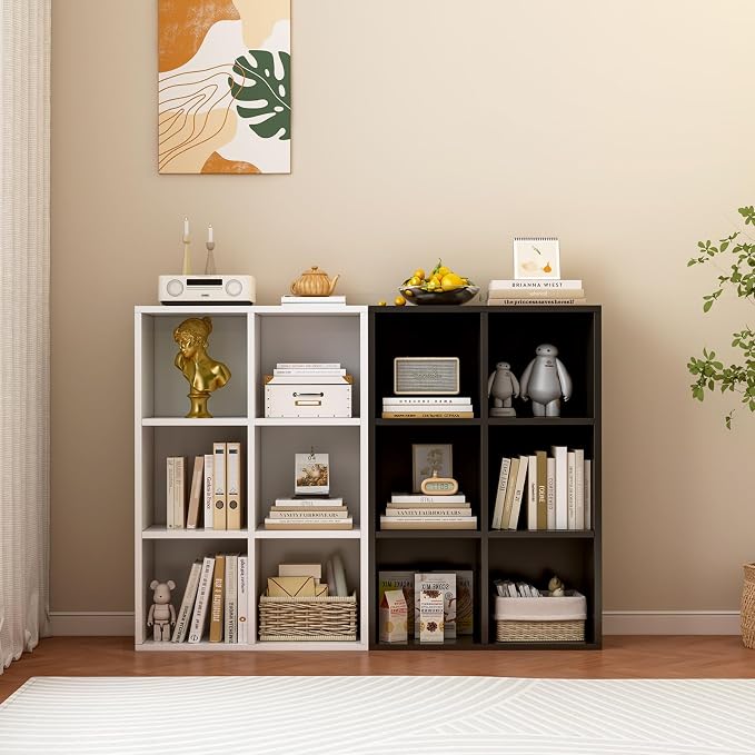 6-Cube Storage Shelf Bookcase, Warm White | Wooden 3-Tier Open Bookshelf, Fits 11×11" Bins, Vertical or Horizontal Use, Full Back Panels, For Home Office