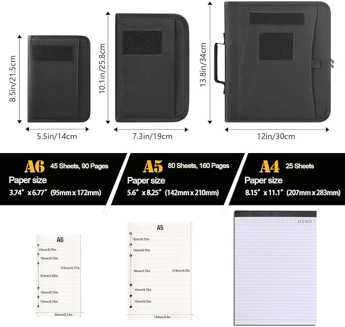 Kosibate Tactical Notebook Padfolio Ring Binders with 45 Sheets,Army Military Notebook Portfolio Binder with Zipper for Tactical Gear and Organizer, Refillable 6-Ring Binder(Black,5.5'' x 8.5'')