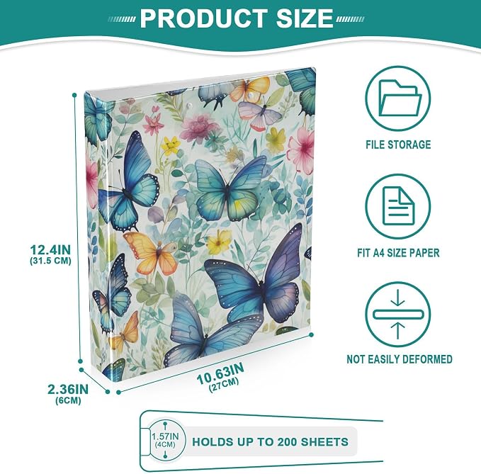 3 Ring Binder, Butterfly Floral File Folder Holds 200 Sheets File Storage for Women Men School Office Supplie