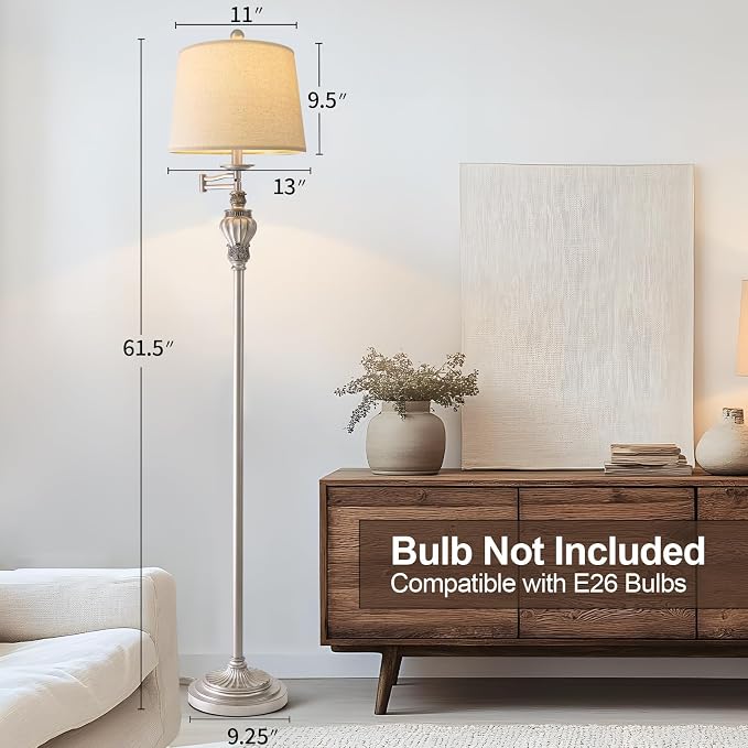 Vintage Floor Lamp with 350° Adjustable Swing Arm 61" Lamps for Living Room | Antique Standing Lamp, Retro Silver Bedroom Floor Lamp, Mid Century Farmhouse Rustic Traditional Brass Tall Swivel Pole Lamp