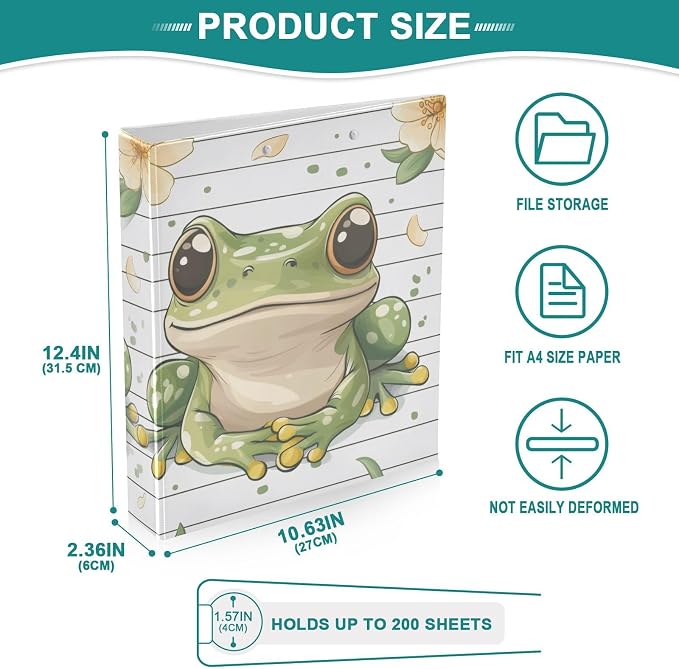 3 Ring Binder, 1.5 Inch Binder with Round Rings to Hold 200 Sheets, Cute Frog 3 Ring Binders with Clipboard for Home Class Office Supplies