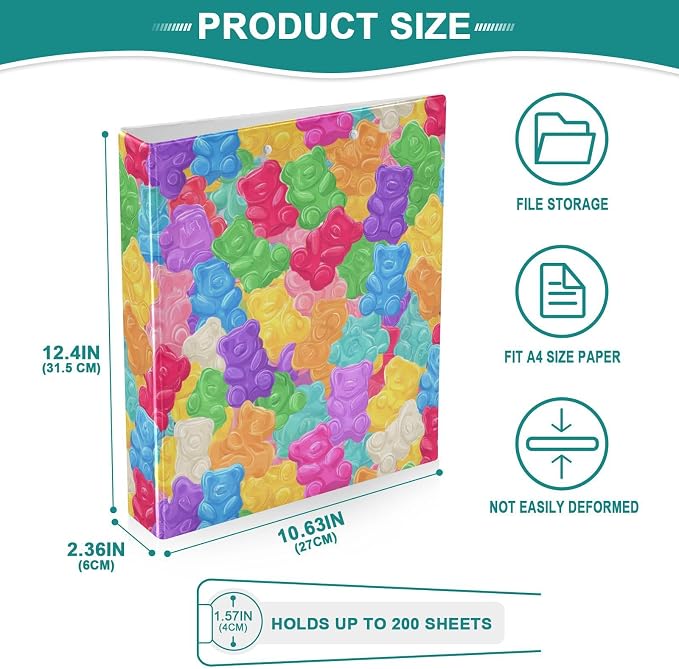 Colorful Sweet Jelly Bears Round Ring Binders Gummy Candies 1.5 Inch 3 Ring Binder with Clipboard Holds 200 Sheets Office Home School