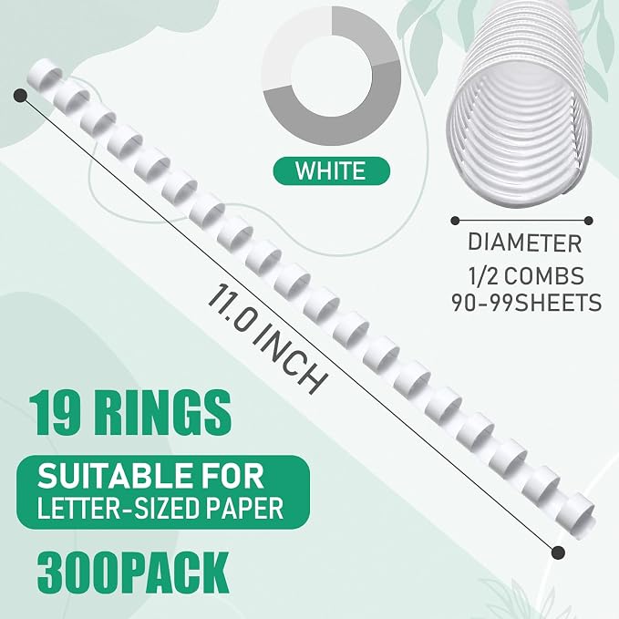 Maitys 300 Pcs Plastic Binding Combs Bulk 19 Ring Comb Spines Letter Size Spiral Binding for Notebook Calendar Picture (1/2 Inch,White)