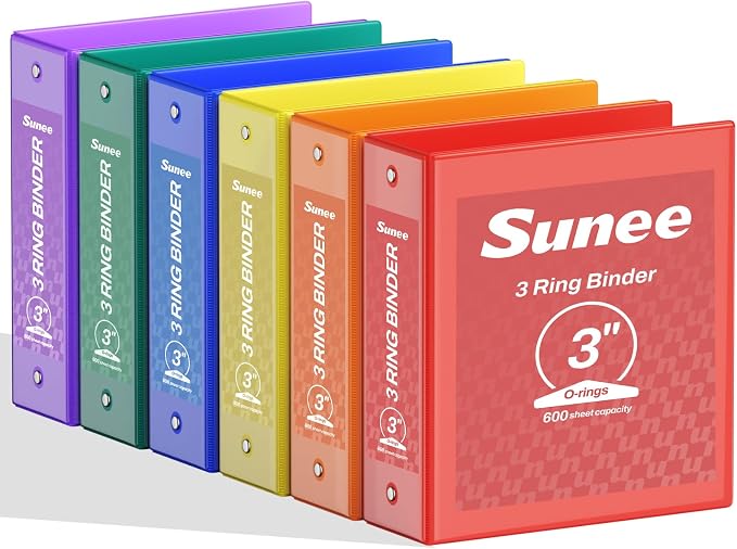 SUNEE 3 Inch Binders 3 Ring 6 Pack, Large 3" Clear View Three Ring Binder PVC-Free (Fit 8.5x11 Inches) for School or Office Supplies, Classic Assortment