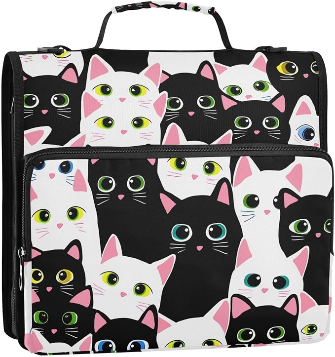 3 Ring Zipper Binder with Shoulder Strap Cat Black White Cartoon 2 Inch Zippered Binder Bag 500 Sheet Capacity Multi Pockets for School Supplies