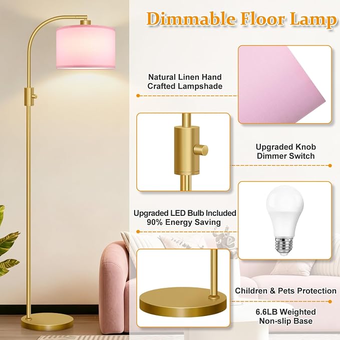 Nintiue Dimmable Floor Lamp, 1200 Lumens LED Edison Bulb Included, Arc Gold Floor Lamps for Living Room Modern Standing Lamp with Pink Linen Shade