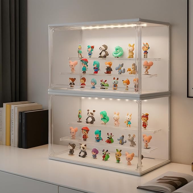 Clear Display Case for Collectibles, 3-Tier Stackable LED Figure Display Case with Magnetic Door, Adjustable Showcase for Models, Miniatures, Jewly (White, 8.8“H-1PC)