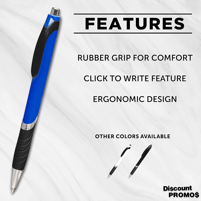 DISCOUNT PROMOS Ballpoint Pens With Rubber Grip - 10 pack - Black Ink Ball Point Pen with Soft Touch Plastic - Blue