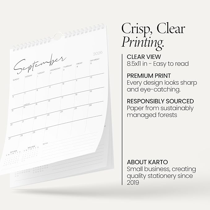Karto Wall Calendar 2026 8.5x11 in - Cursive | January 2026 to June 2027, Vertical, Boosts Productivity, Easy Monthly Planning