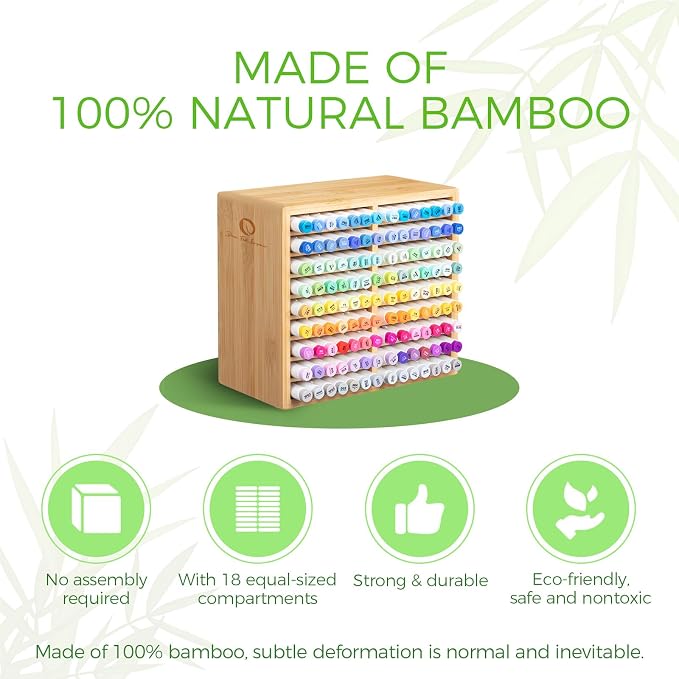 Ohuhu Bamboo Marker Organizer, Wooden Desktop Storage Holds 126 Markers | Markers Pens Pencils Art Brushes Stationary Organizer Pencil Holder with 18 Compartments for Classroom Office Decor Home