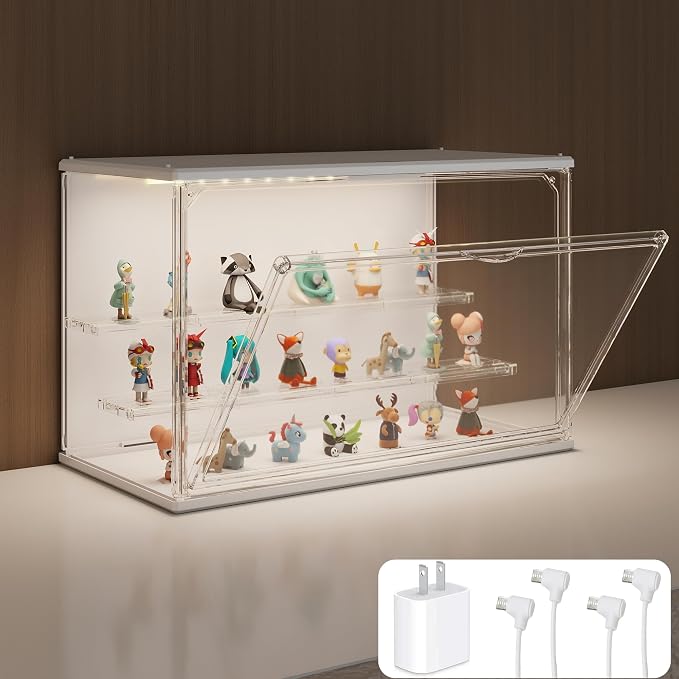 Clear Display Case for Collectibles, 3-Tier Adjustable Figure Display Case with LED Light, Stackable Acrylic Showcase with Magnetic Door for Jewelry,Collectibles (White, 1 Pack-8.7" H)