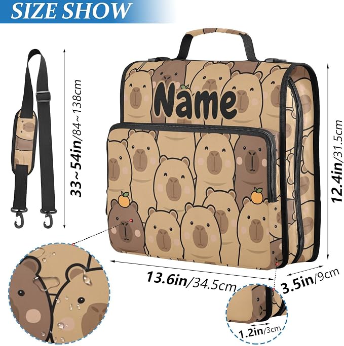 Custom Cute Capybara with Orange 3 Ring Binder Bag 1.5 inch Personalized Name Binder Organizer 500 Sheet Documents Storage for School Office