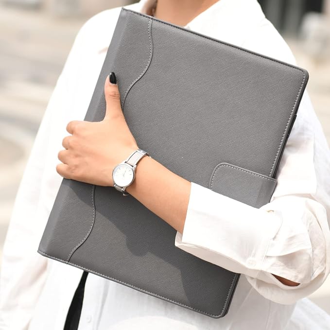 Wonderpool A4 PU Leather 3 & 4 Ring Holder Writing Portfolio Multi Document Case with Removable Binder Clipboard and Functional Pocket for Organizer Office Travel School (Grey)