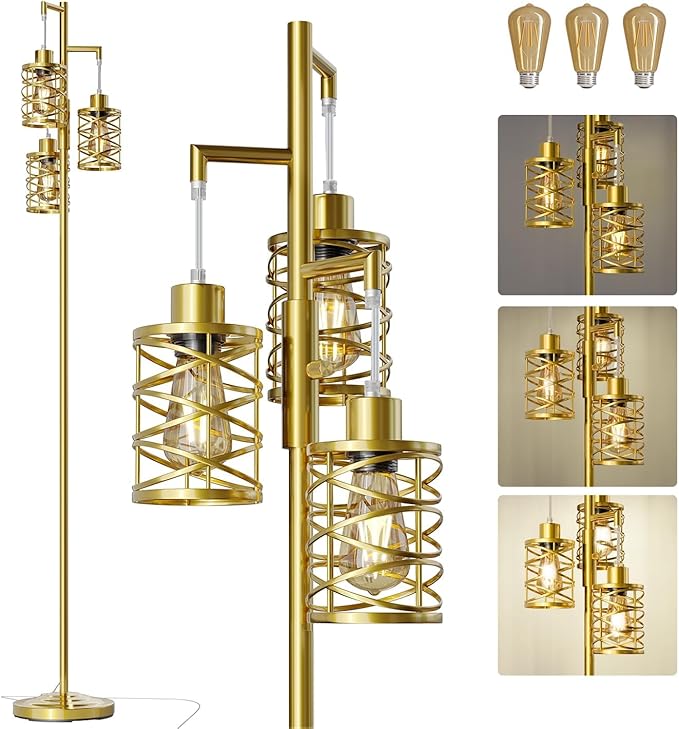 70" Industrial Floor Lamp, Stepless Dimmable Standing Lamp with 3 Bulbs, Farmhouse Corner Standing Tree Lamp for Living Room, Tall Lamps for Bedroom, Office, Study Room, Dining Room, Gold