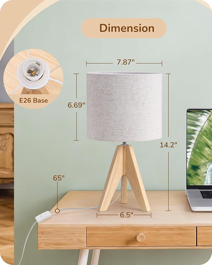 EDISHINE Small Table Lamp, Boho Bedside Lamp, Linen Fabric Shade, 14.2 Inch | ON/Off Switch, Wood Tripod Base, E26 Socket, Boho Nightstand Lamp for Living Room, End Table, Office