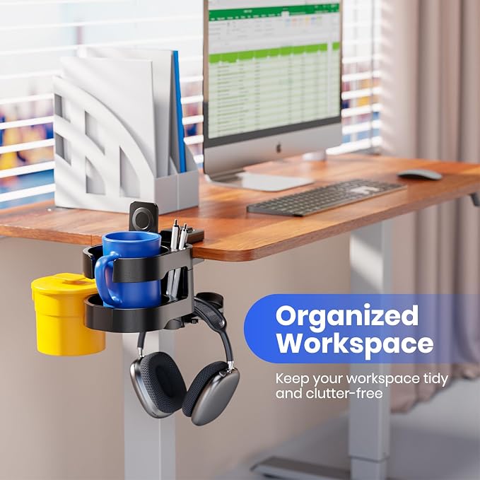 7-in-1 Desk Cup Holder - EURPMASK Organizer with Headphone, Controller Holder, Snack Bucket, and Phone Holder, Clamp-On Desk Accessory with Sturdy Large Storage, Easy to Install, Black