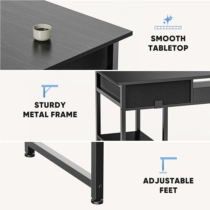 DUMOS 48-Inch Computer Desk with Drawers and Hook, Black | Home Office Desk for Bedroom, Gaming Writing Study Desk with Adjustable Feet