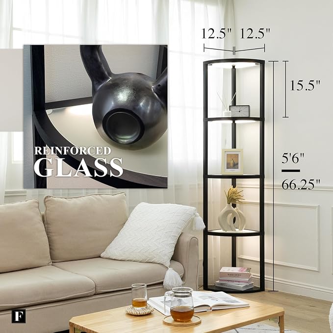 FENLO Corner Floor Lamp with Shelves, Dimmable LED Corner Shelf with Lights, Standing Lamp for Living Room, Shelf Lamp with Full Brightness Control, Color Changing Temps, and Reinforced Glass