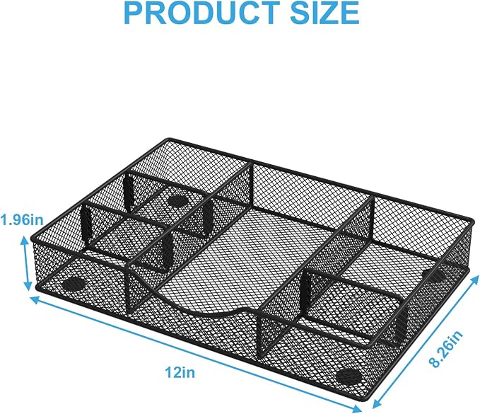 VyGrow Desk Drawer Organizer Tray, Metal Mesh Drawer Organizers Office, 6 Adjustable Compartment, Desk Organizer Tray for Home Office 12 x 8.26 x 1.96 inch, Black, 1 Pack