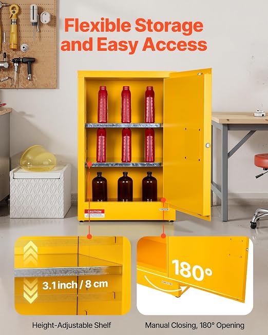 VEVOR Flammable Cabinet, 23.2 x 18.1 x 35.4 Inch, 13 Gallon Flammable Storage Cabinet with Adjustable Shelf, Cold-Rolled and Galvanized Steel Fire Cabinets, for Commercial Industrial Home Use, Yellow