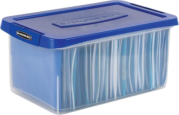 Bankers Box 20-Inch Heavy-Duty Plastic File Box, Letter | Protect letter files in a tough plastic box with hanging rails that keeps documents portable, organized, and secure.