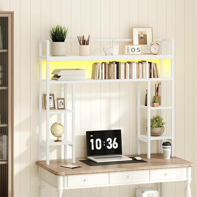 MAHANCRIS Desk Shelf, 43.3" Desk Hutch with Light Strip | Office Desktop Organizer, 5 Tier Desktop Bookshelf for Computer Monitor, Storage Rack for Study, Home Office, White
