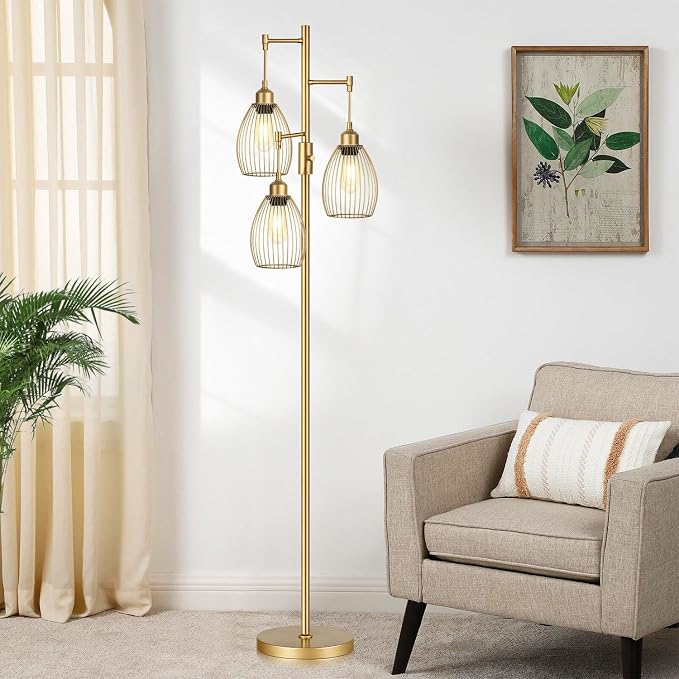 Dimmable Floor Lamp, Industrial Floor Lamps for Living Room, Gold Tree Lamp Standing Lamp Tall Lamps with 3 Elegant Teardrop Cage Head & 800 Lumens LED Bulbs for Living room Bedroom Office Dining Room