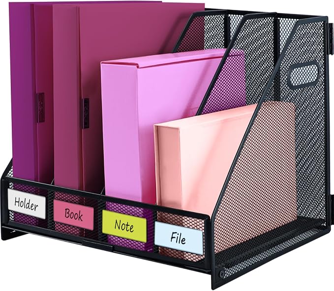 Desk Organizers, Metal Magazine File Holder with 4 Vertical Compartments Rack Binder File Organizer for Office Supplies, Home Workspace - Black