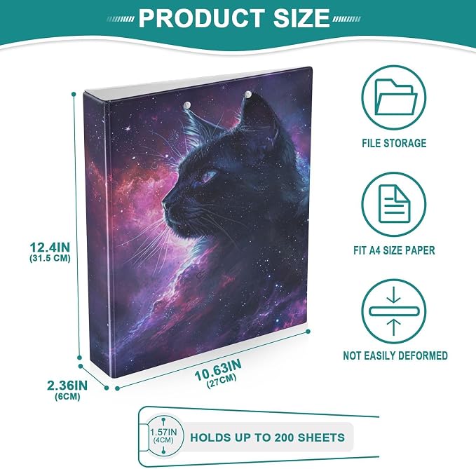 JIPONI 3 Ring Binder Cat Starry Sky 1 Inch Round Binders for Men Women Students, Cute File Organizer for Office School, 1pc