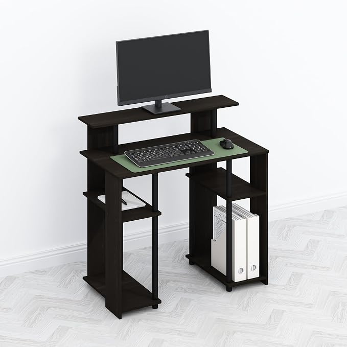 Furinno TOMI Desk, 35.3" Wide Gaming Desk with Hutch and Storage Shelves, with Monitor Stand, for Computer, Laptop, Writing, Office, Living Room, Bedroom, Walnut