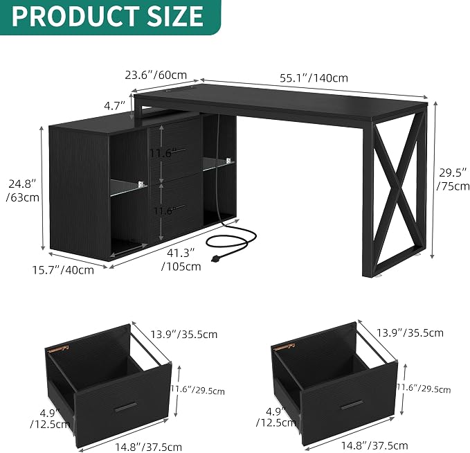 YITAHOME L Shaped Desk with Power Outlets & File Cabinet,55" Reversible Corner Computer Desk with Drawers & LED Lights, L-Shaped Desk with 4 Glass Open Storage Shelves, Black