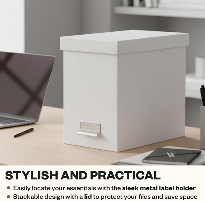 Bigso John Fiberboard Label Frame Desktop File Storage Box - Document Organizer for Important Paperwork - Durable Hanging File Box with Lid & Metal Label Window - 7.36 x 13.38 x 10.51 in - White - 2pk