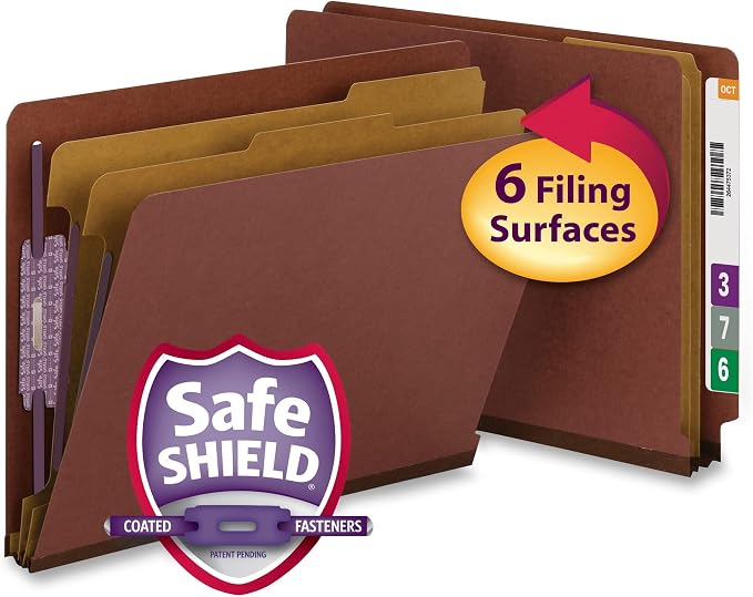 Smead 100% Recycled End Tab Pressboard Classification File Folder with SafeSHIELD Fasteners, 2 Dividers, 2" Expansion, Letter Size, Red, 10 per Box (26860)