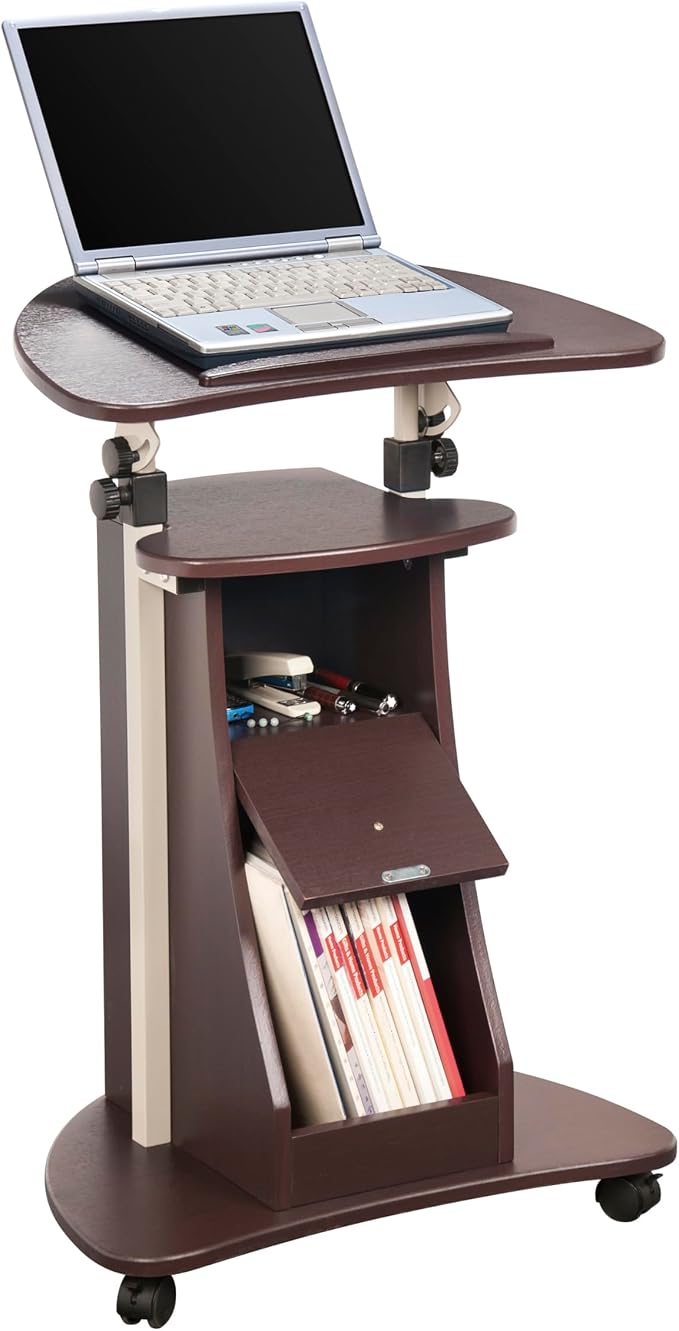 Techni Mobili Sit-to-Stand Rolling Adjustable Storage Medical Laptop Computer Cart, Chocolate, B005 | Adjustable Height Rolling Laptop Cart w/Tilting Top, Storage Shelf, Locking Wheels, Sit to Stand Desk,Mobile Podium,Chocolate