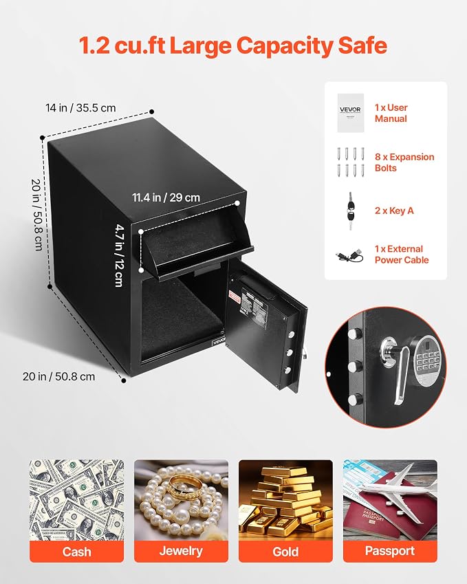 VEVOR 1.2 Cubic Feet Drop Safe, Large Capacity Front Drop Slot Safe Box with Digital Keypad, Heavy Duty 2 Tiers Cash Depository Box with Spare Keys for Cash, Bank Slip, Jewelry, Document, Bill, Black
