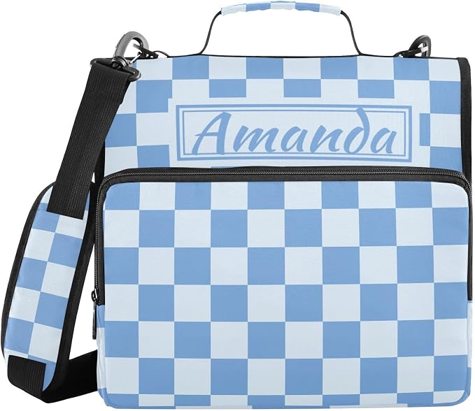 Custom 3 Ring Zipper Binder Blue Checkered White Buffalo Plaid Personalized Name 1.5 inch Binders Large Capacity Multi Pockets for School Office Supplies