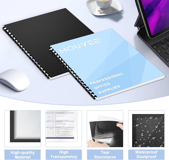 HOUYEE 100 Pack Binding Covers and Backs Set, 8.5x11 Inches, Letter Size | Including 50Pcs 12 Mil Ultra Clear PET Binding Covers, 50Pcs 12 Mil Black Plastic Sand Texture Polycovers, For Office School