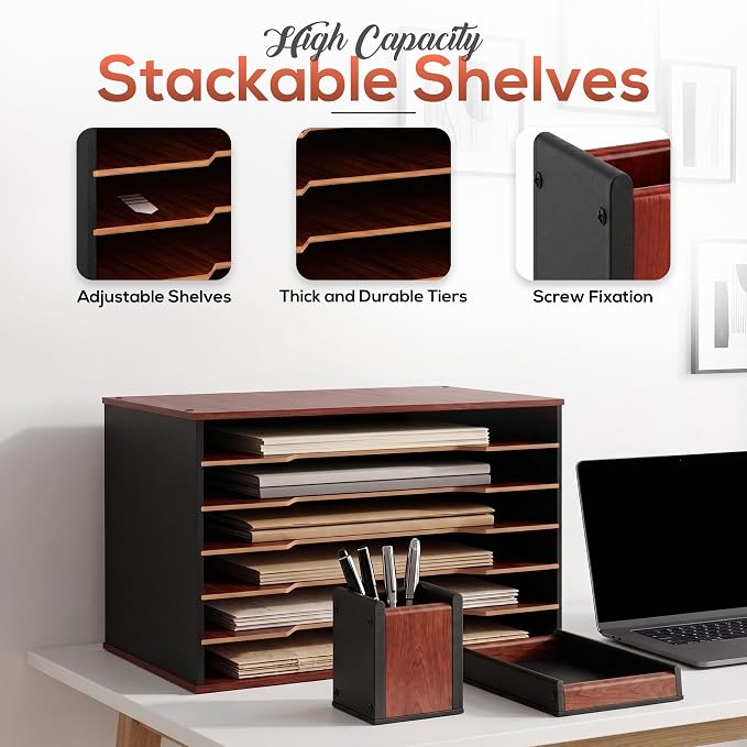 Wooden Paper Organizer 20.25"W x 12.25"H x 13.25"D, 6-Tier Storage for 12"x18" & 11"x17" Sheets, Includes Matching Pen Holder & Tray, Ideal for Office, Home, Art Room and Classroom