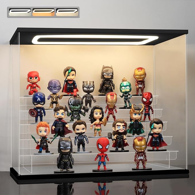Clear Acrylic Display Case with Light 6 Tier Display Storage Box Assembly Dustproof Showcase for Collectibles Action Figures(Black, 19.1*12.0*15.7inch)