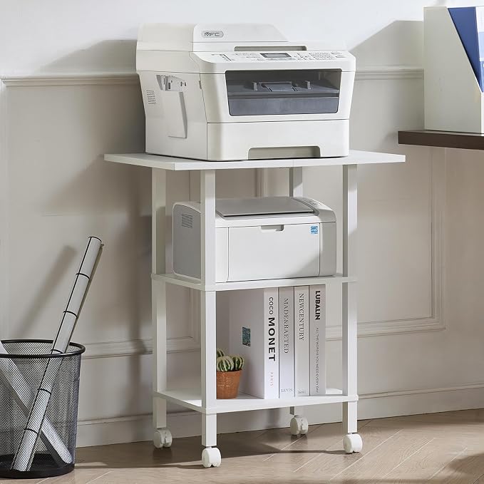 YUFAM 3 Tier Home Printer Stand with Storage, White | Wooden Mobile Printer Table Shelf, Rolling Printer Cart Shelf with Lockable Wheels fit Fax Machine, Scanner
