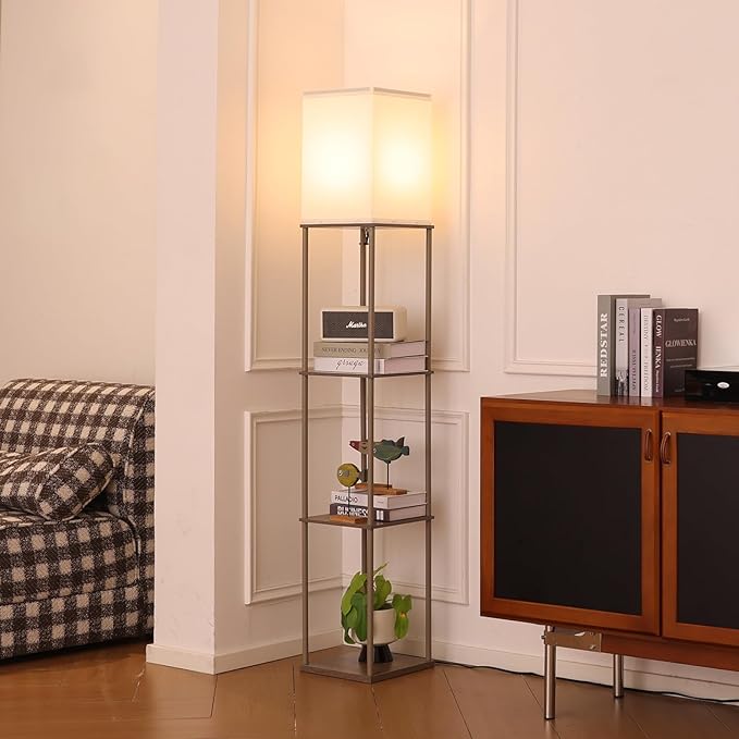 Gupuzm Floor Lamp with Shelves, Modern Square Standing Lamp with 3 Color Temperature Bulb, Corner Display Bookshelf Lamp for Living Room, Bedroom and Office （Grey）