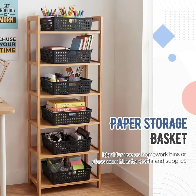 Geetery 6 Pack Classroom Storage Baskets with Handle,Black | 14''x10'' Paper Tray Holds A4 Turn in Trays Plastic Paper Baskets Desk Organizer Bin for Classroom, Library, Office, Home