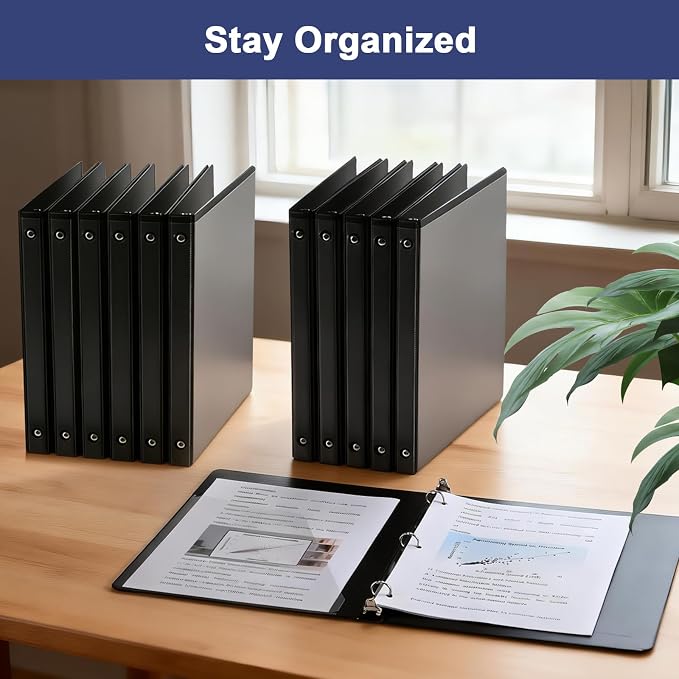 0.5-1-Inch 3-Ring-Binder with Pockets, Basic Binders 1-inch View Round Binders Holds US Letter Size 8.5'' x 11'' - Bundle Packs Perfect for Home, Office, and School (0.5'' - Black -12 Packs)