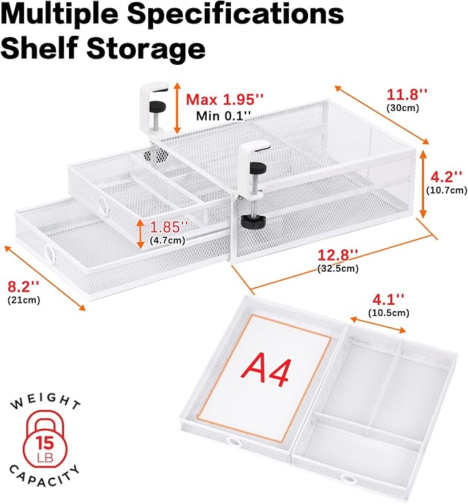 Under Desk Drawer, Clamp on Desk Organizer Slide Out Table Storage No Drill | 2Tier Under desk drawer: clamp on desk organizer, under desk drawer slide out, hanging desk organizer, no drill table storage