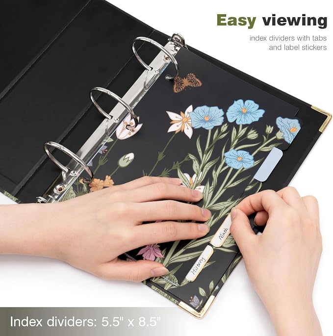 Ospelelf Small Three Ring Binder 2 Inch, Floral Round Ring Clipboard Binder with 5 Tab Dividers, File Folder Labels, for School and Office Supplies